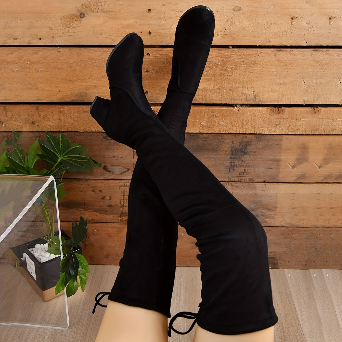 Women's Solid Long Boots Chunky Heel Lace Up Over Knee Shoes