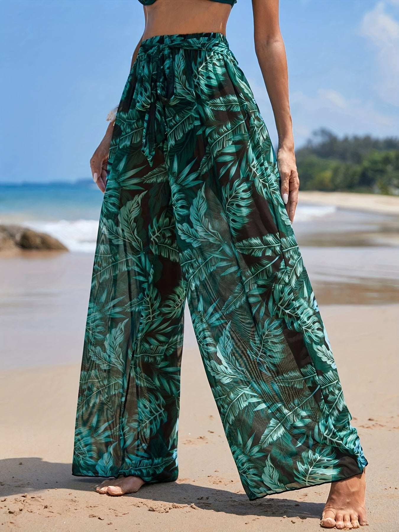 Tropical Palm Leaf Print Tie Front Beach Cover Up Pants