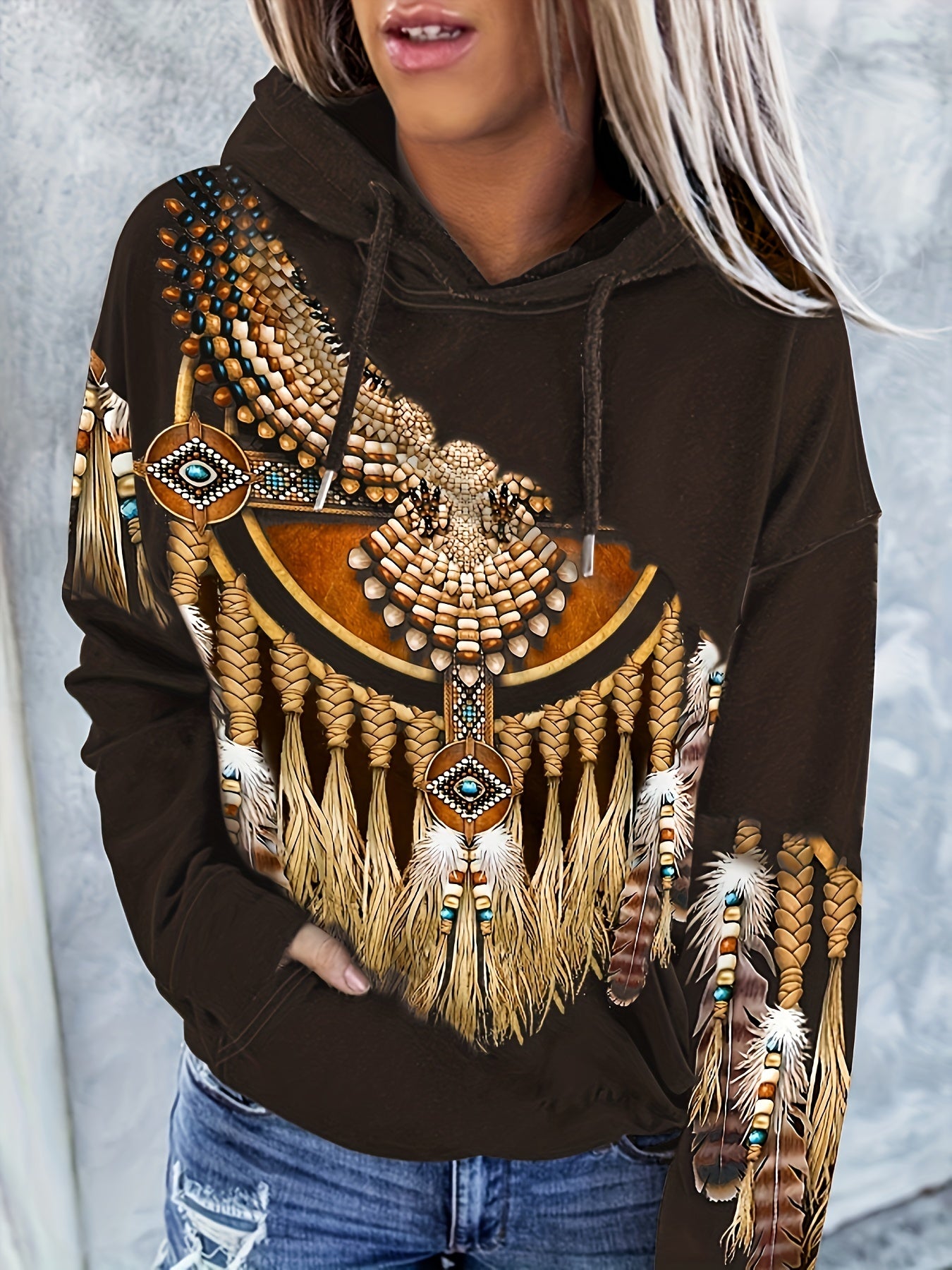 Tribal Print Kangaroo Pocket Hoodie Long Sleeve Hoodie
