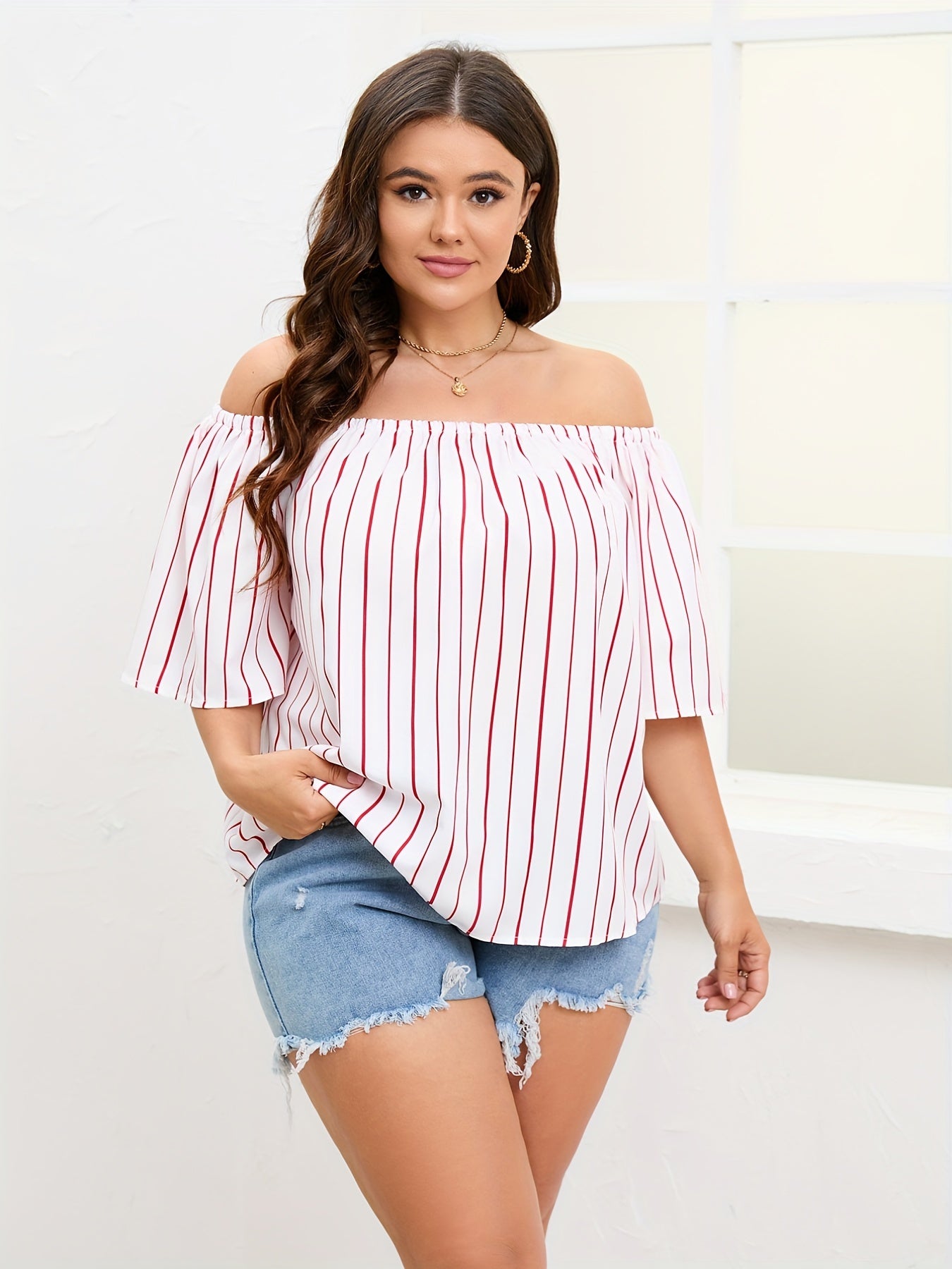 Stripe Off Shoulder Loose Blouse