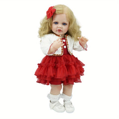22 Inch Vinyl Doll with Golden Hair and Eyes Soft Body Pink Dress