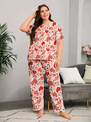 Heart Print Short Sleeve Top & Pants Pajama Set