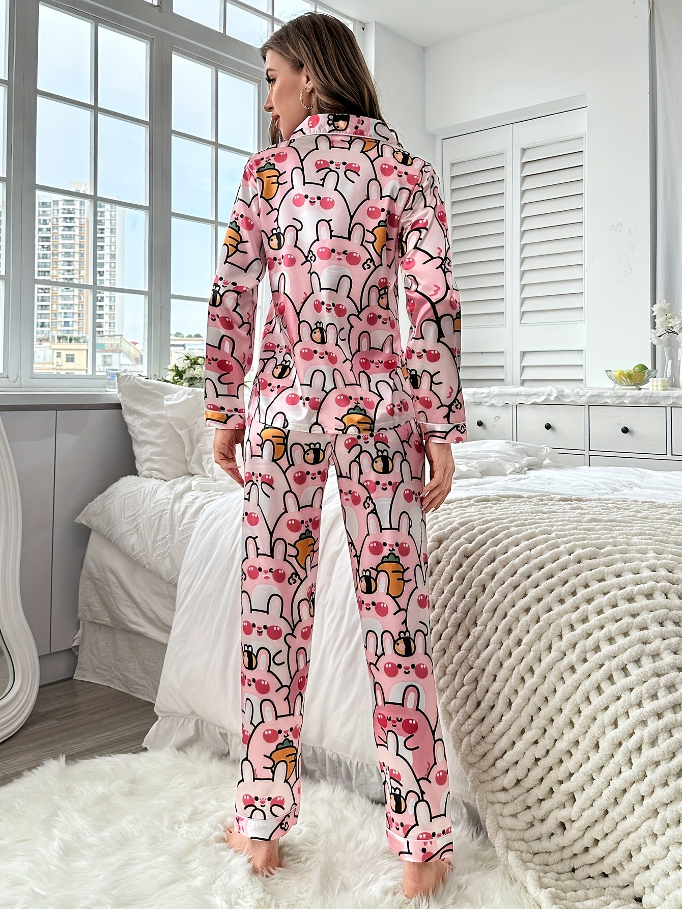 Bunny Print Pajama Set Long Sleeve Buttons Top & Pants Sleepwear