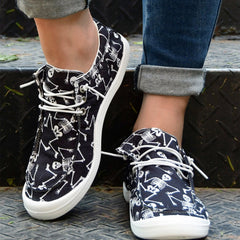 Women's Skull Print Canvas Shoes Lace-up Halloween Loafers