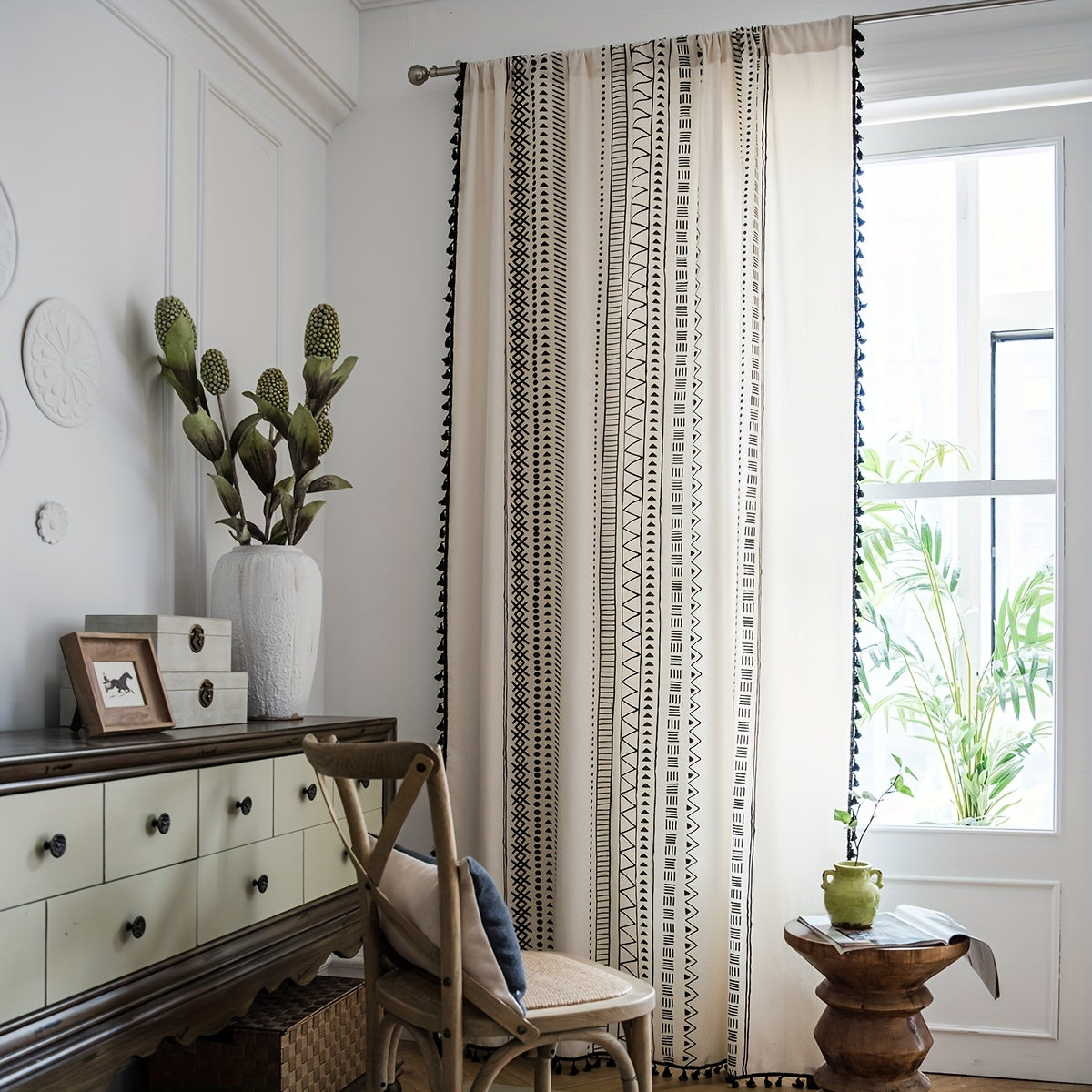 Geometric Rod Pocket Curtains With Tassels Boho Style