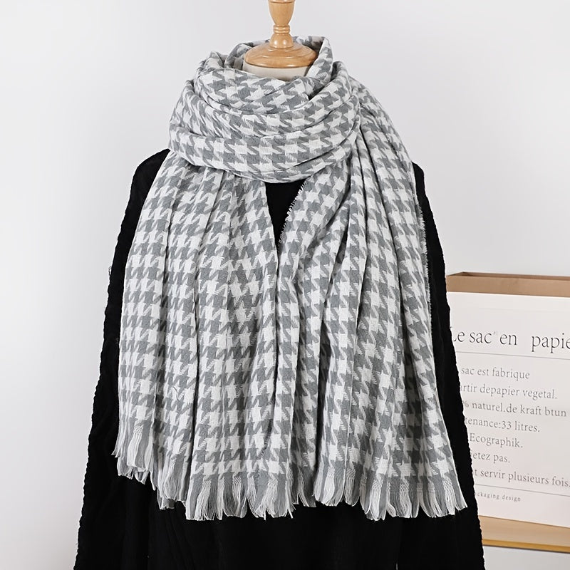 Women's Winter Houndstooth Plaid Wool Scarf