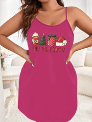 Plus Size Christmas Sexy Nightdress with Hat & Tree Print Cami Sleep Dress