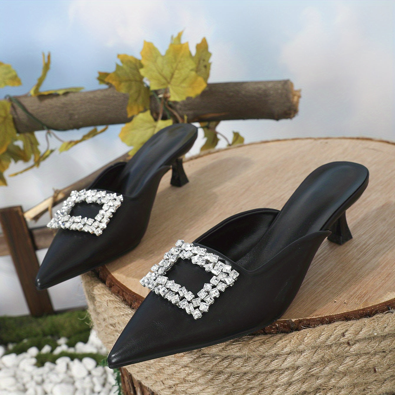 Women's Rhinestone Buckle Kitten Heels Pointed Toe Slip On Slingback Low Heels