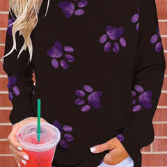 Paw Print Crew Neck Pullover Sweatshirt for Women