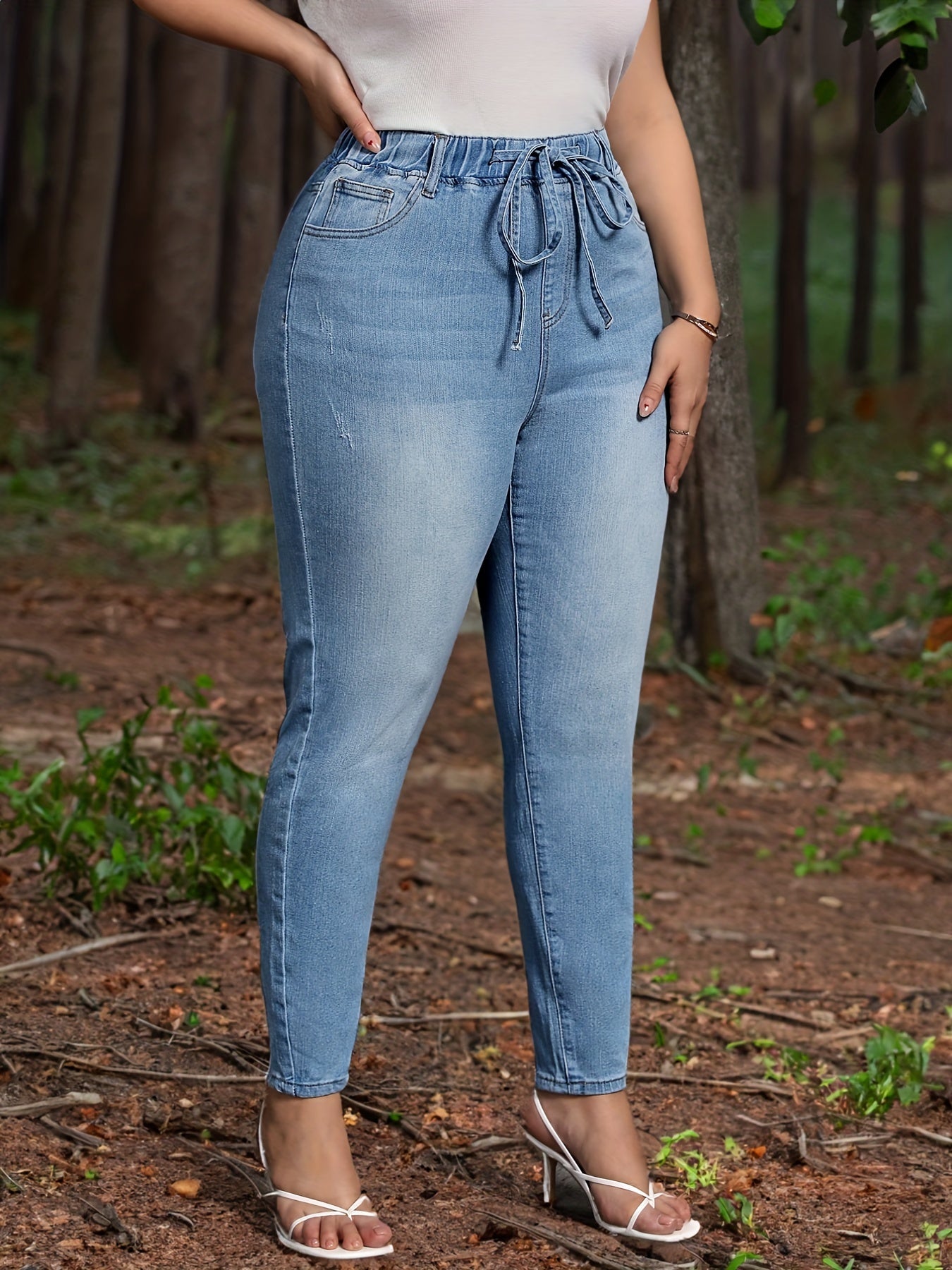 Casual Jeans Women's Plus Washed Elastic Drawstring Skinny