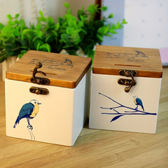 Wooden Bird Pattern Piggy Bank Storage Box Gift
