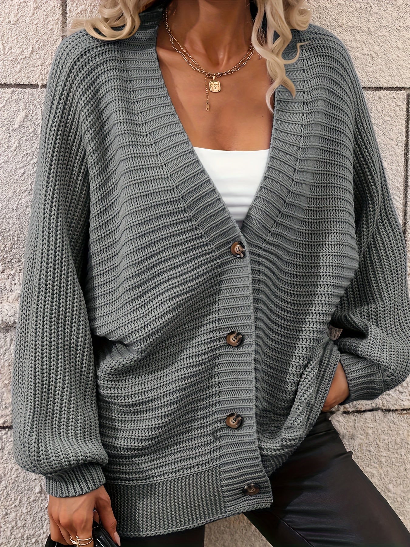Solid Button Up Lantern Sleeve V Neck Cardigan