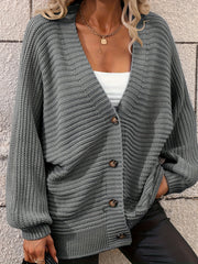 Solid Button Up Lantern Sleeve V Neck Cardigan