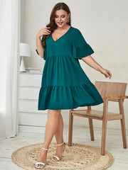 Bell Sleeve V Neck Smock Dress