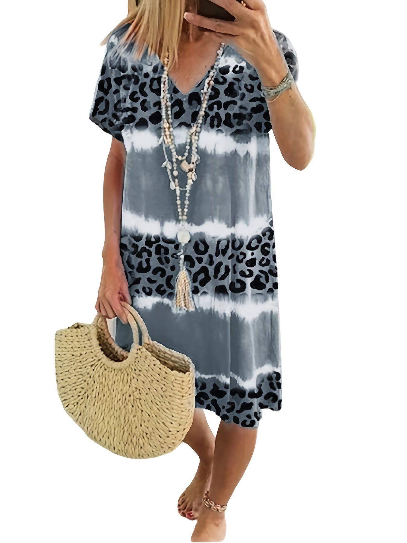 Leopard Print V Neck Dress Short Sleeve Beach Vacation Casual Dress