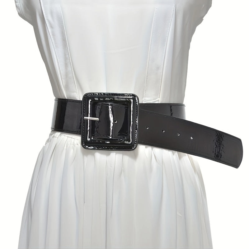 Bright PU Wide Belt Square Buckle Waistband Women