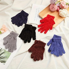 6 Pairs Winter Chenille Gloves for Kids Gray Red Dark Cozy Warm Stretchy