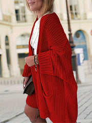 Solid Long Sleeve Open Front Cardigan With Pockets