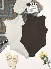 2 Pack Plus Size Casual Bodysuit Set Women's Plus Solid Crew Neck Two Piece Set