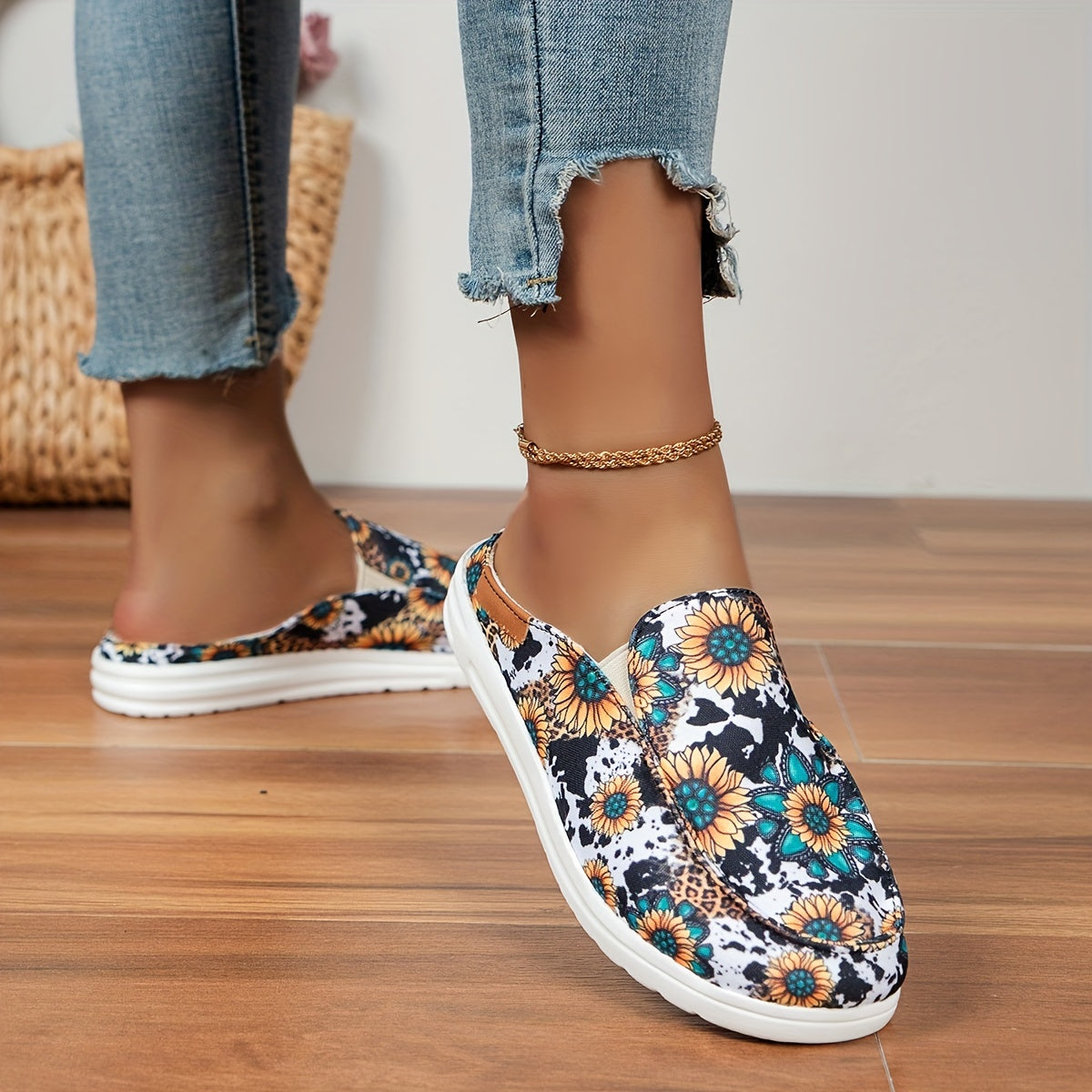 Women's Sunflower Print Mules Sneakers Slip On Loafers
