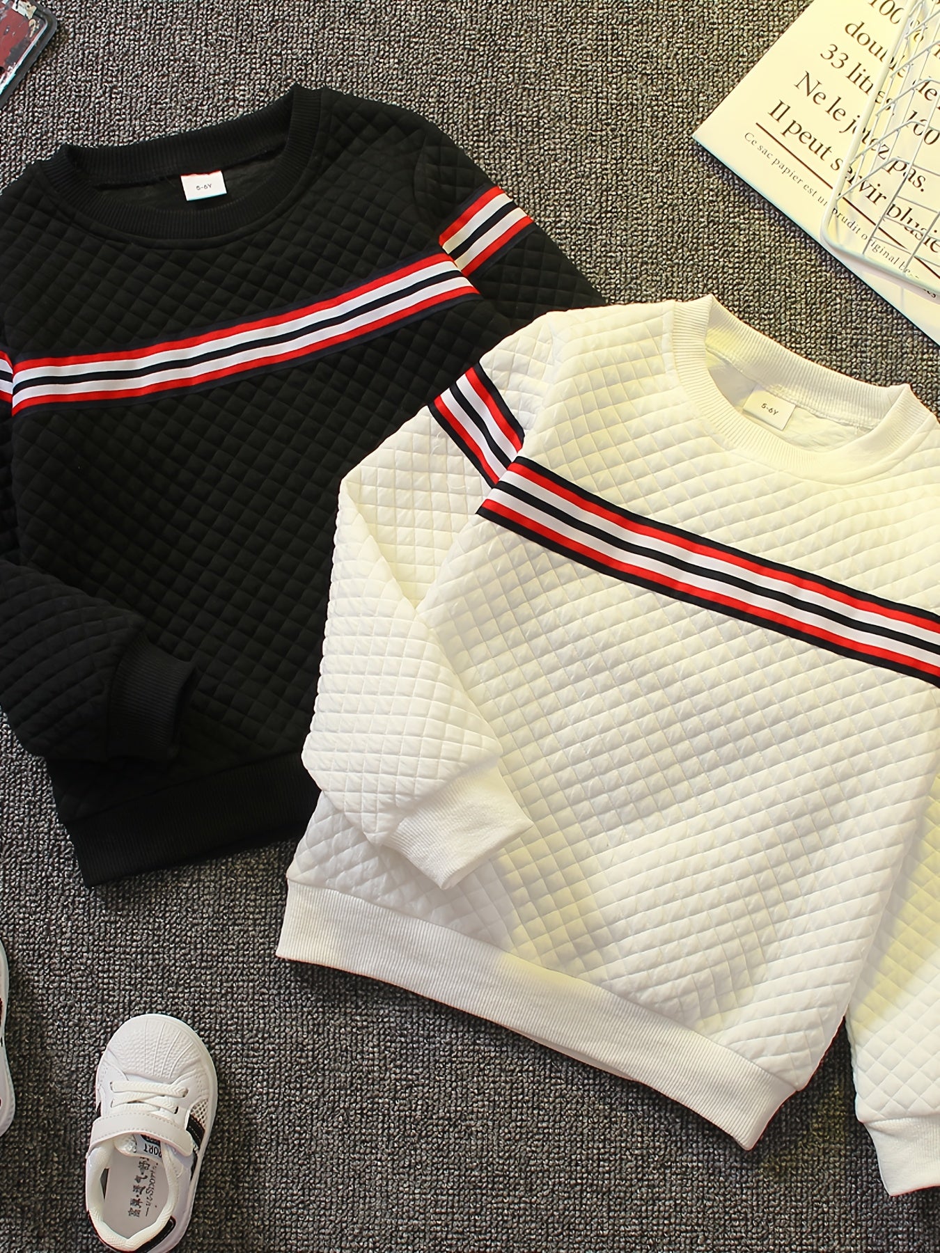 Boys Striped Textured Pullover Sweatshirt Crew Neck Tops