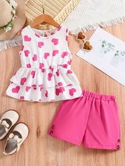 Girls Heart Graphic Peplum Top & Shorts Set for Summer Holiday
