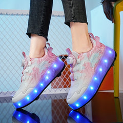 Girl's LED Roller Shoes w/ Rotating Buckle & Wheels