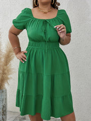 Solid Crinkle Knot Sleeve Square Neck Smock Dress