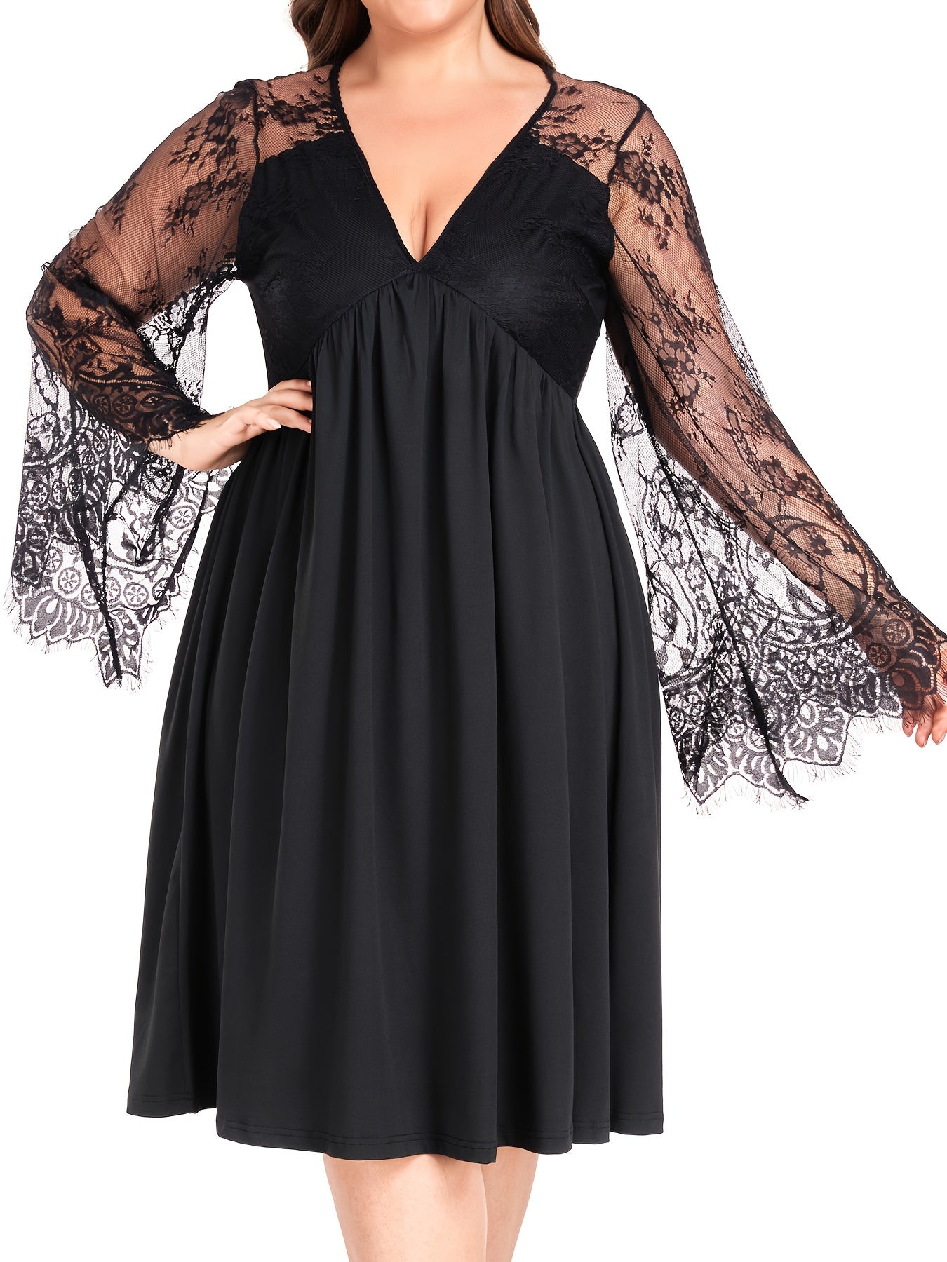 Sexy Dress Women's Plus Solid Contrast Lace Bell Sleeve V Neck Medium