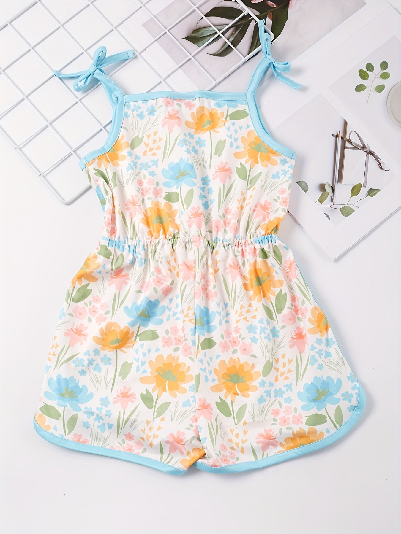 Toddler Girls Flowers Graphic Bow Sunflower Cami Rompers