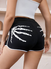 Halloween Sports Shorts Skull Print High Rise Skinny Fitness Shorts