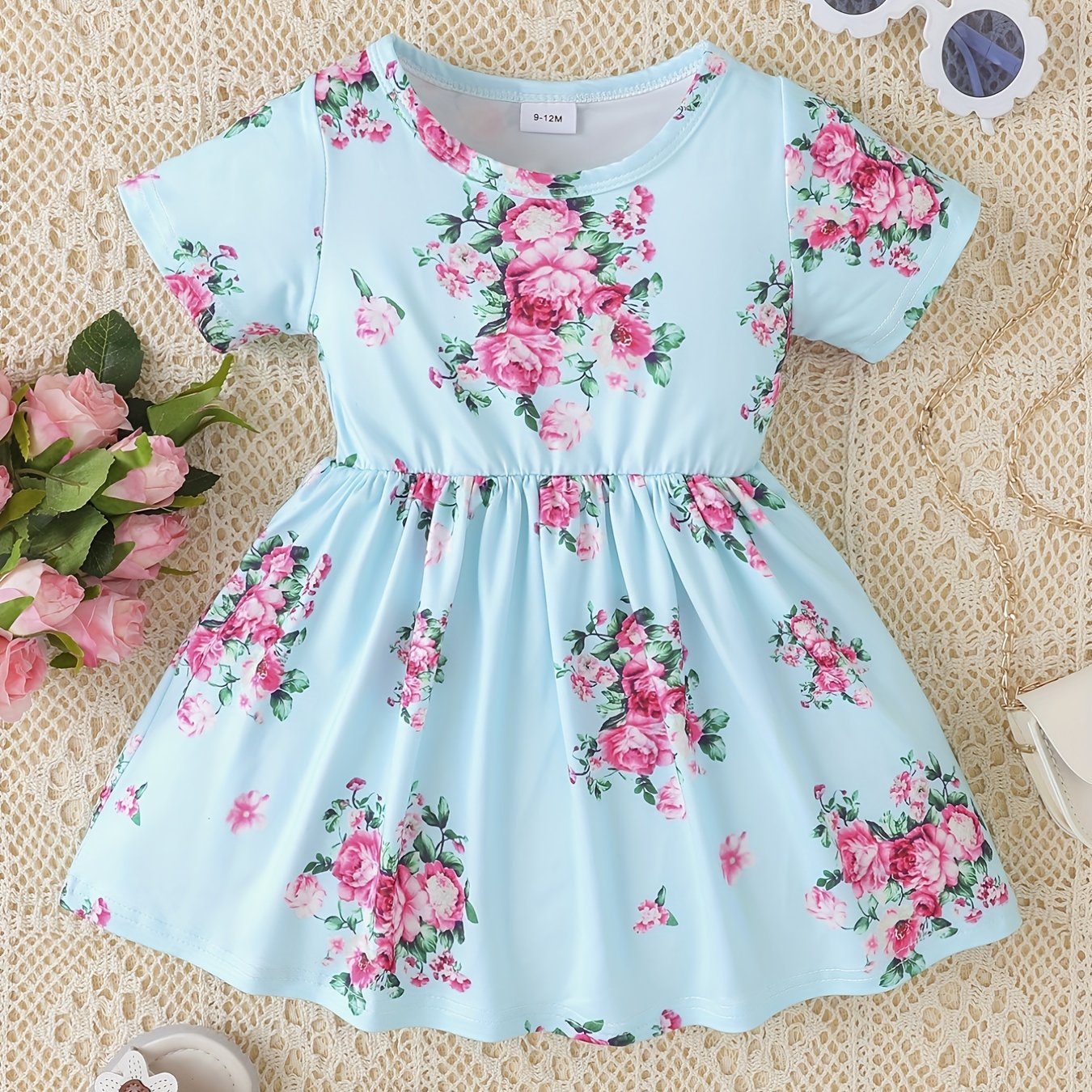 Baby Girls Floral Dress Short Sleeves Round Neck Dress