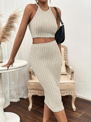 Ribbed Halter Neck Crop Tank Top & Skirt 2 Piece Set