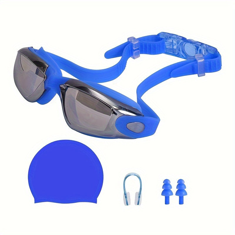Swimming Set Anti-fog Goggles, Cap, Nose Clip, Earplugs