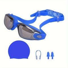 Swimming Set Anti-fog Goggles, Cap, Nose Clip, Earplugs