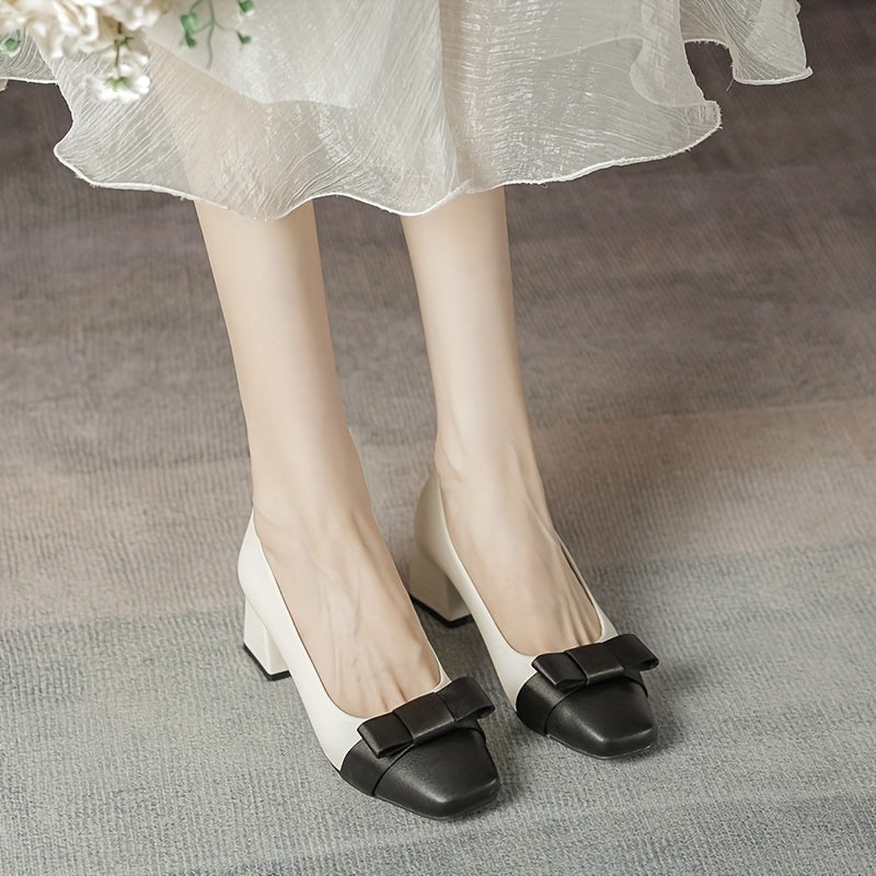 Bowknot Mid Heels Square Toe Slip-On Chunky Heels Dress Shoes