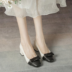 Bowknot Mid Heels Square Toe Slip-On Chunky Heels Dress Shoes