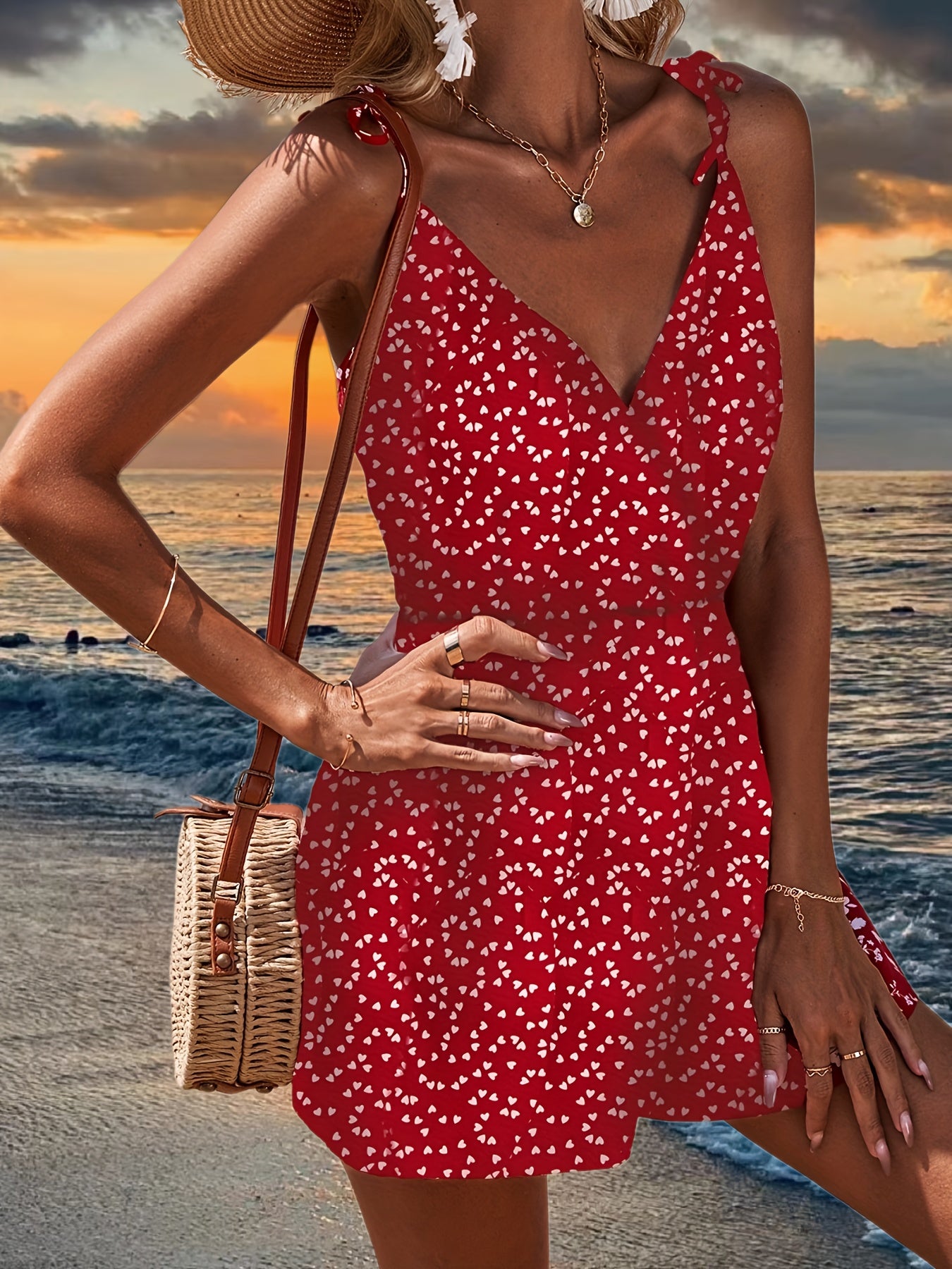 Heart Print V neck Spaghetti Dress Beach Wear Cami Dress Women's Clothing