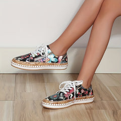 Floral Print Flat Sneakers Low Top Shoes Lace Zipper Casual Walking Shoes