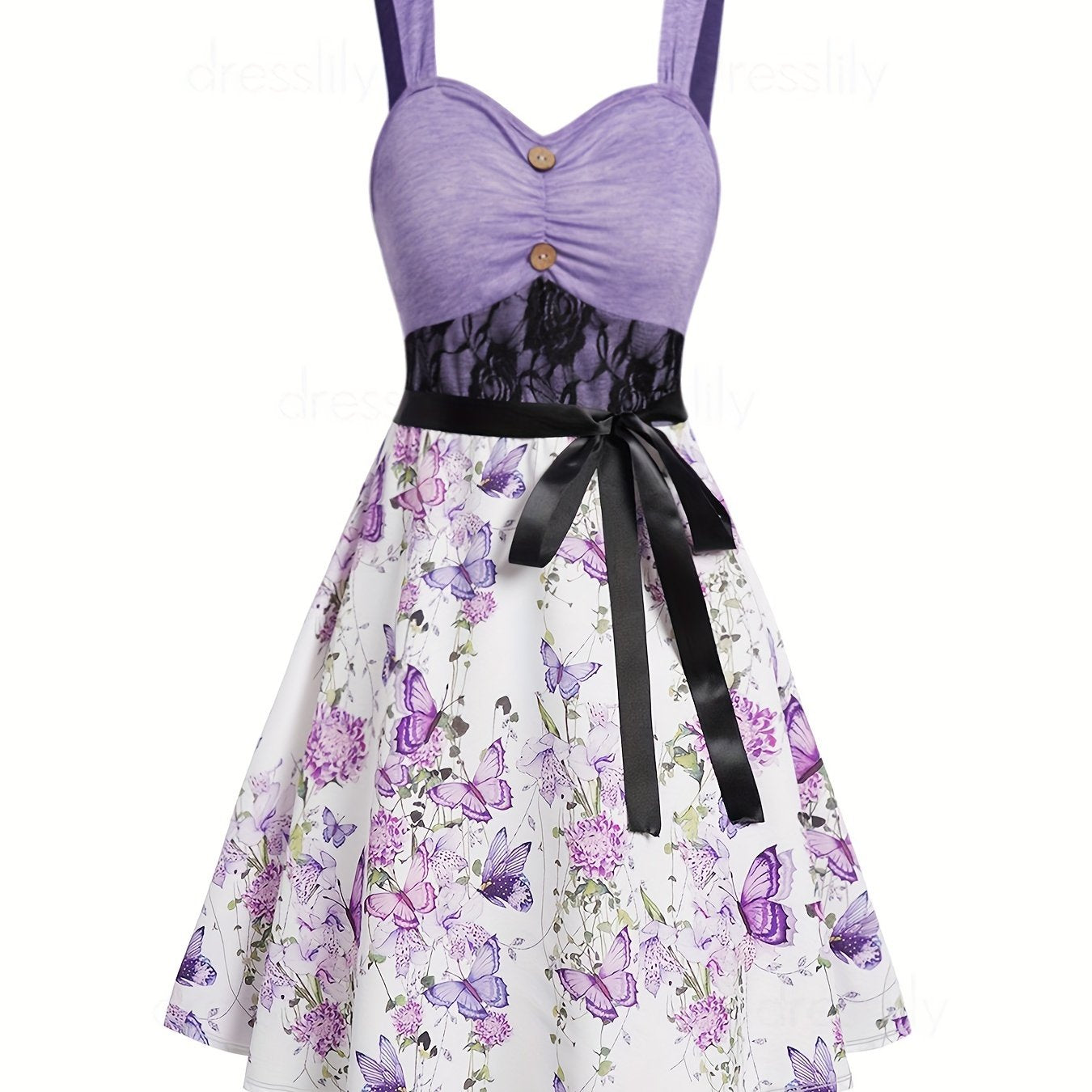 Butterfly & Floral Print Lace V Neck Cami Dress