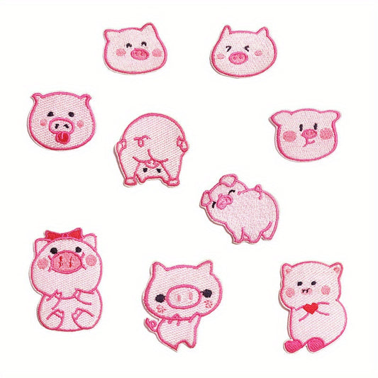 9pcs Pink Piglet Iron On Patches For Girls Sew On Embroidered Applique