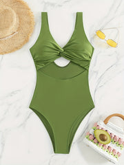 Green V Neck One Piece Swimsuit Twisted Cut Out High Cut Bathing Suit