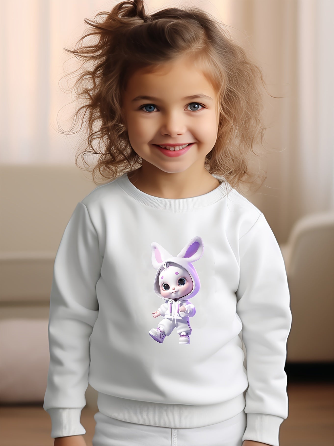 Girls Rabbit Pattern Crew Neck Long Sleeve Sweatshirt