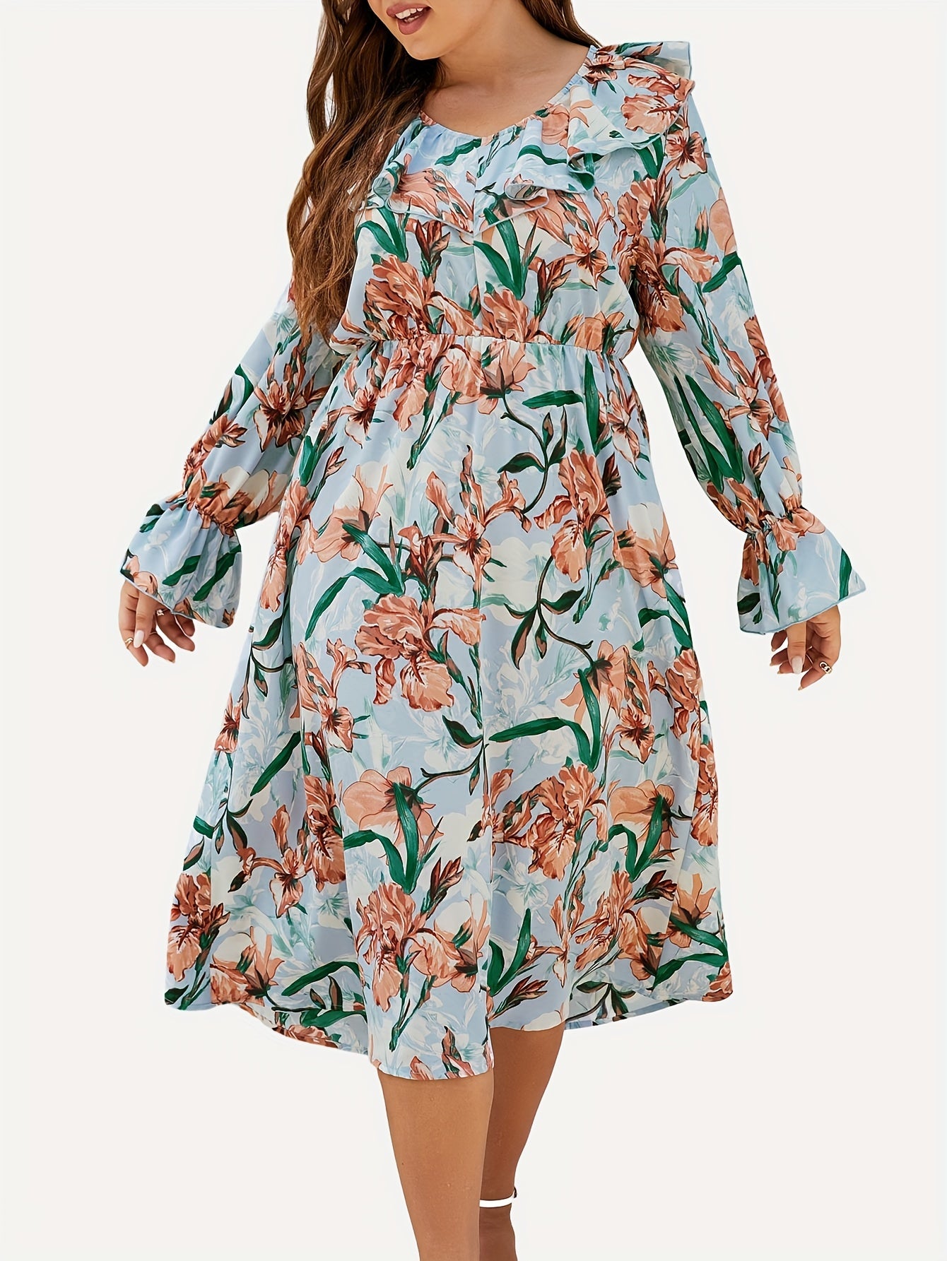 Floral Print Ruffle Sleeve V Neck Dress