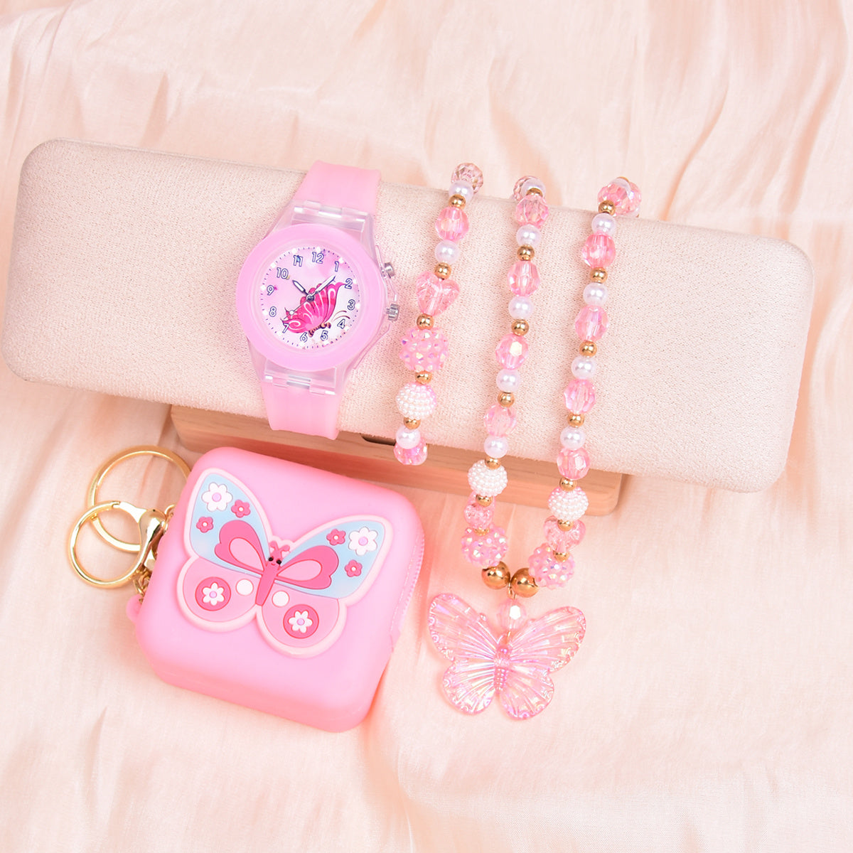 Girls Silicone Butterfly Watch Set with Bracelet, Necklace, Coin Purse