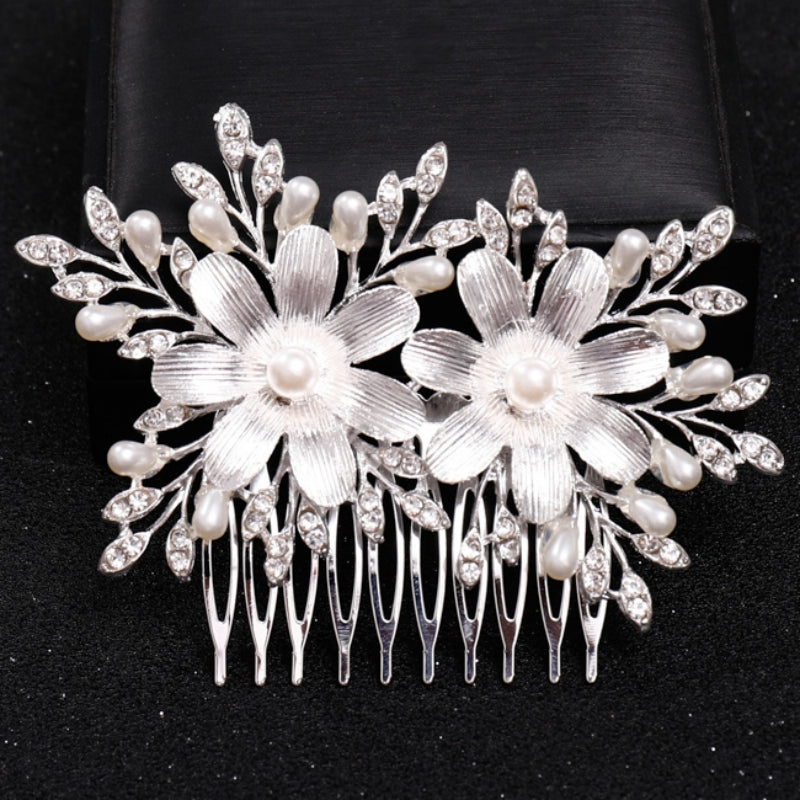 Bridal Rhinestone Hair Comb Clip with Faux Pearl Leaf