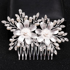 Bridal Rhinestone Hair Comb Clip with Faux Pearl Leaf