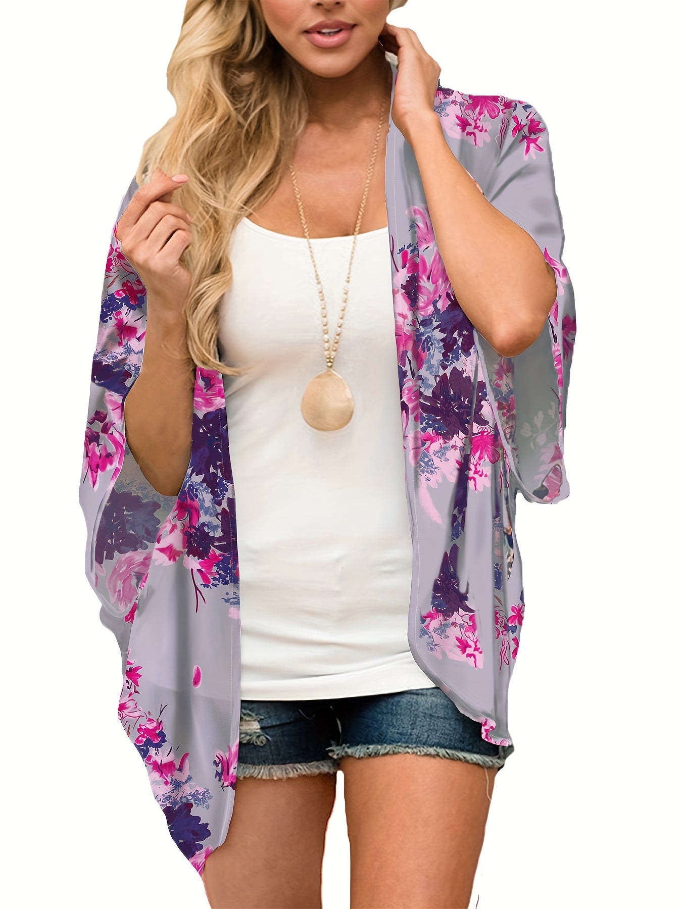 Floral Print Half Sleeve Open Front Cardigan