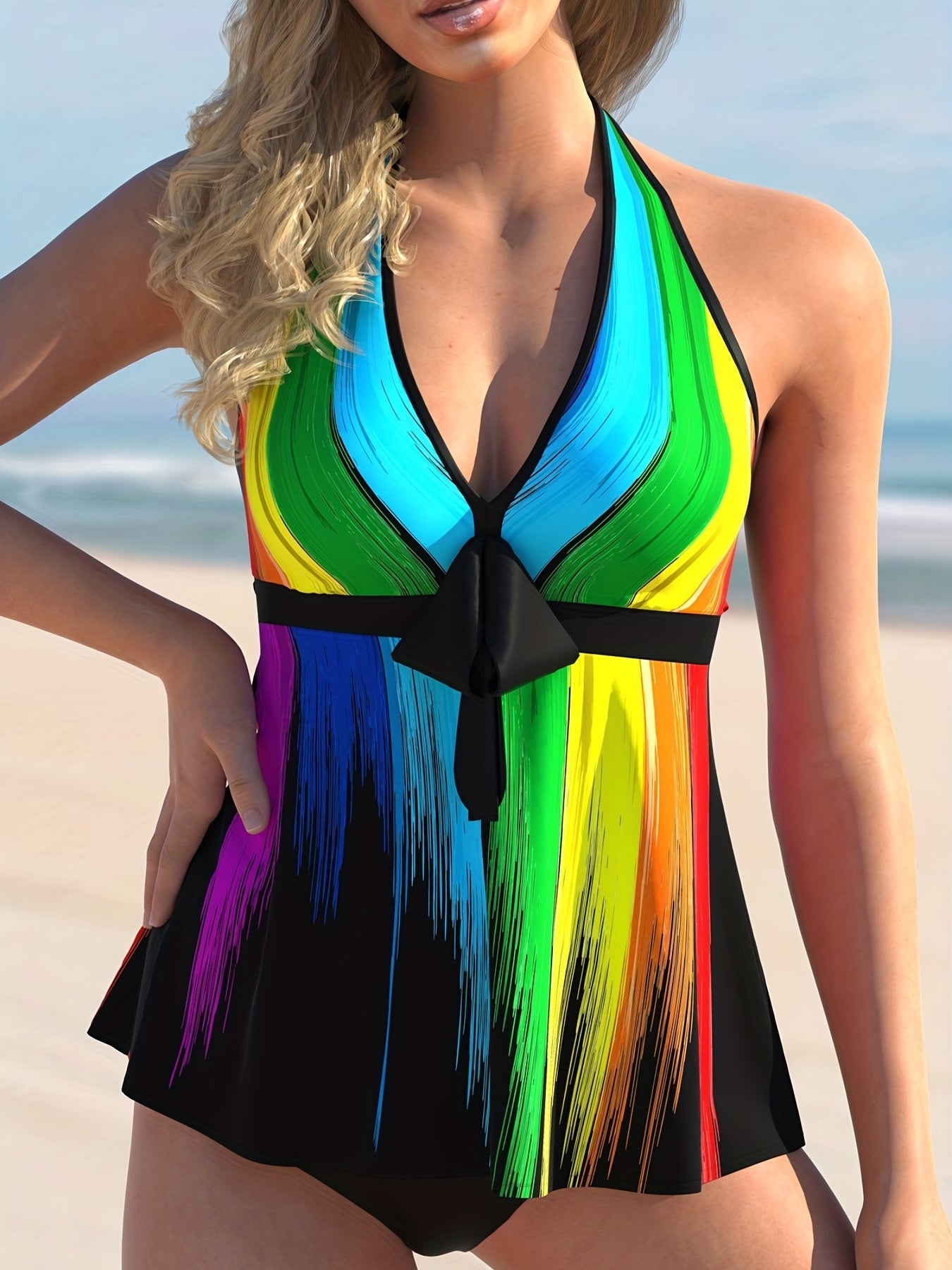 Rainbow Stripe Bow Front Halter Top & Panty Swimsuit Set