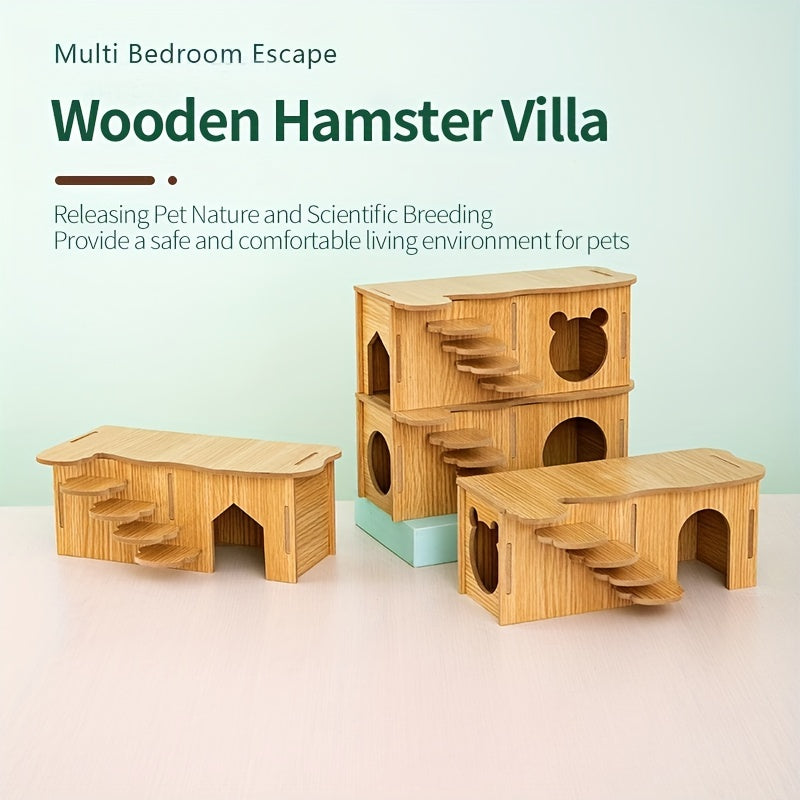 Hamster Hideout Cage Accessories Wooden Hide Hut with Platform for Small Animals